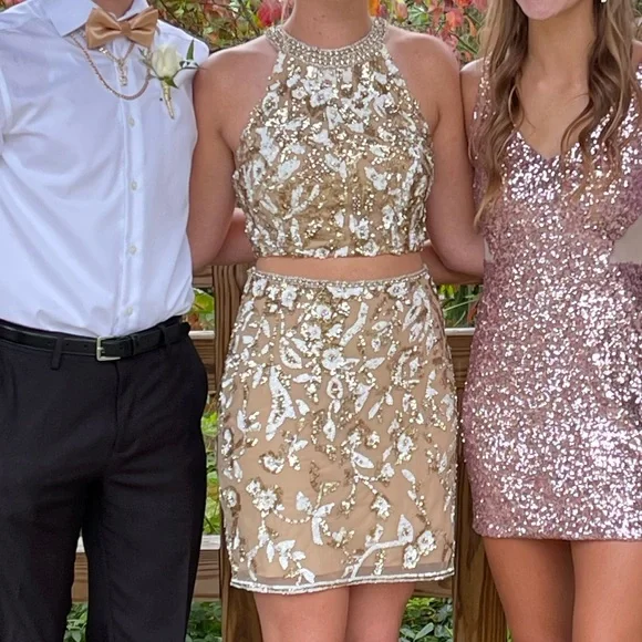 Sherri Hill Dresses | Sherri Hill 54408 Nude/Gold/Ivory Two-Piece Homecoming Dress | Color: Gold/Tan | Size: 6 | Lwsiler39's Closet